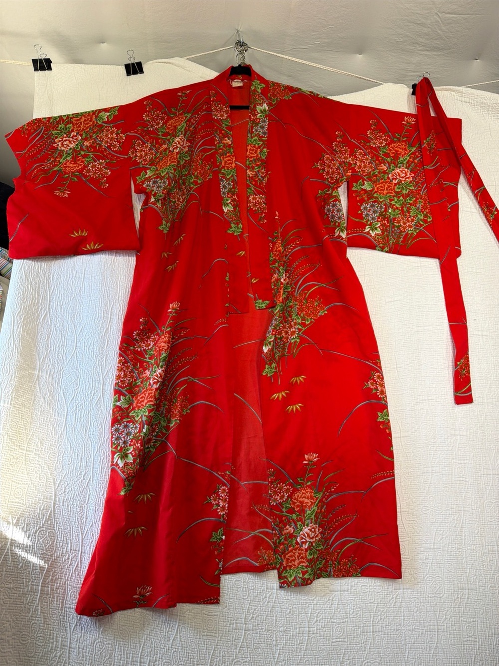 True Vintage Japanese Kimono Red Floral Polyester Long Lightweight Belt Lounge